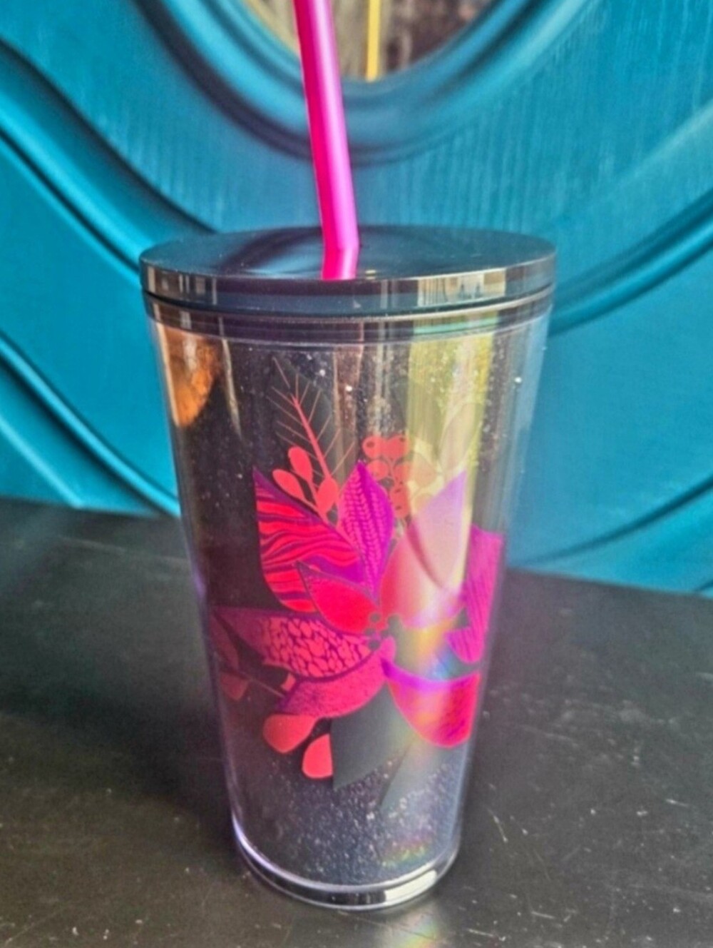 R.A.R.E. Starbucks 2021 Christmas Holiday Black Glitter Poinsettia Tumbler w Lid